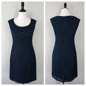 ADRIANNA PAPELL Blue Lace Floral Scoop Neck Sleeveless Pencil Dress